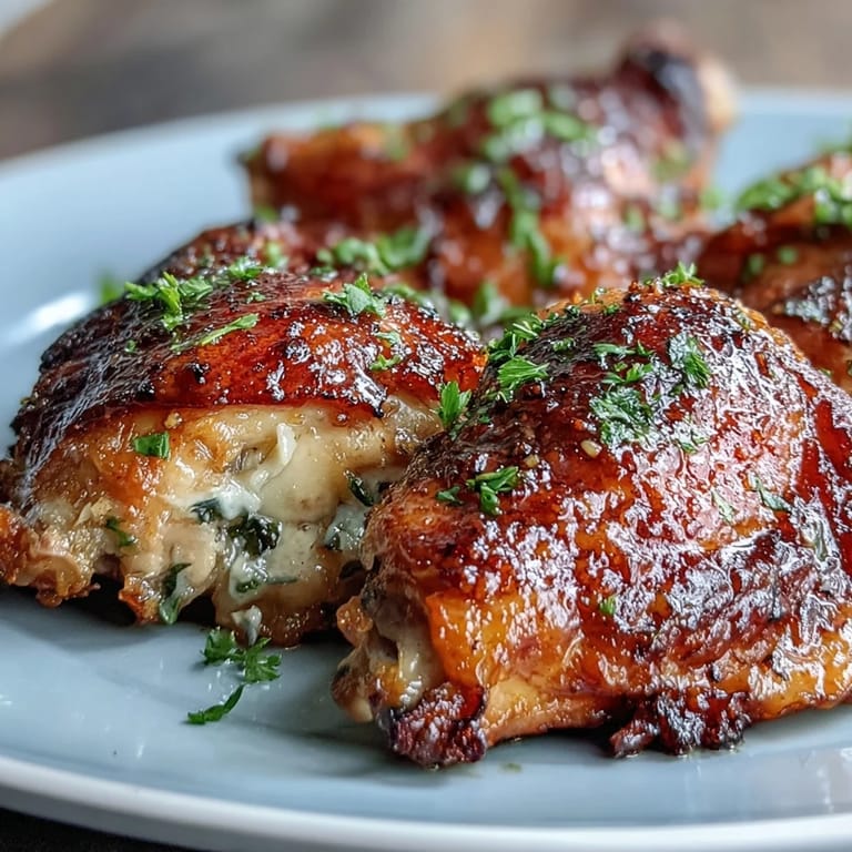 Juicy chicken thighs roasted in a sweet and savory honey garlic sauce, garnished with fresh parsley and sesame seeds.  