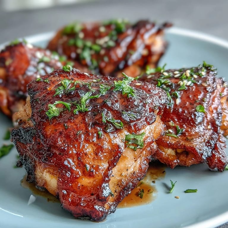 Oven-baked honey garlic chicken thighs with crispy skin, basted in a flavorful glaze and ready to serve with rice or vegetables.