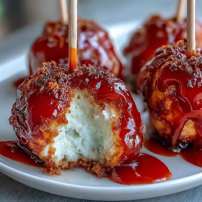 Mini candy apple bites on skewers, featuring crisp apple chunks dipped in vibrant red candy coating.