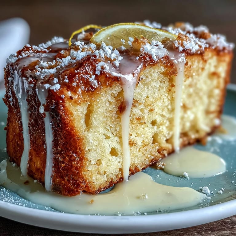 Elegant slice of Limoncello pound cake on a dessert plate, showcasing the moist crumb and glossy lemon glaze, perfect for afternoon indulgence.