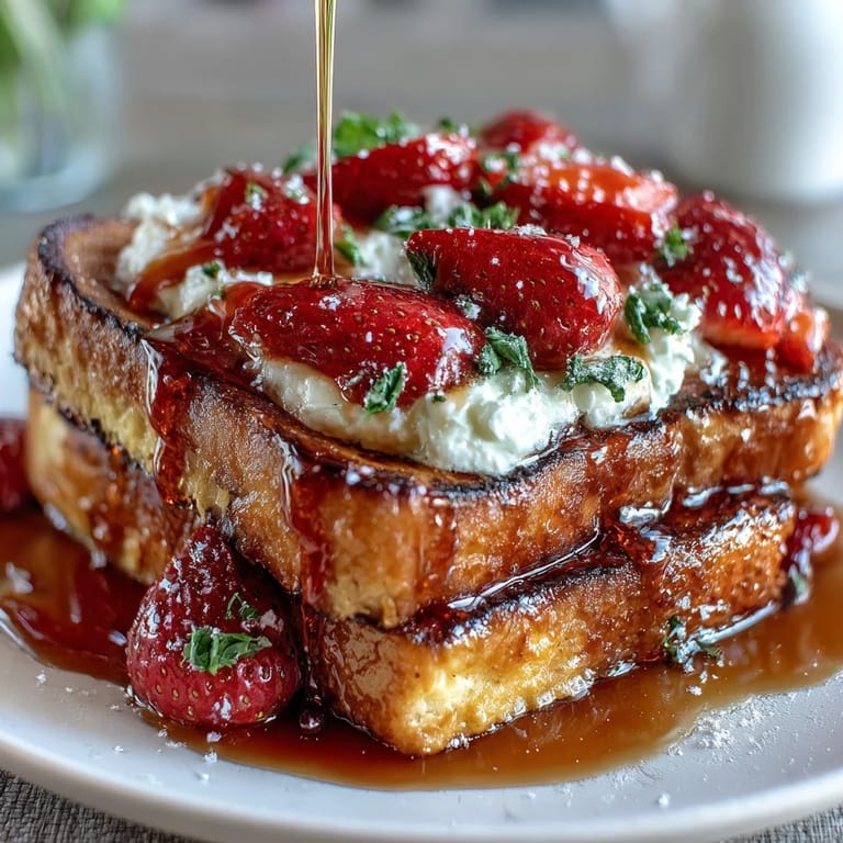 Aromatic Strawberry French Toast Bake featuring brioche cubes, vanilla custard, and juicy strawberries, baked to golden perfection.