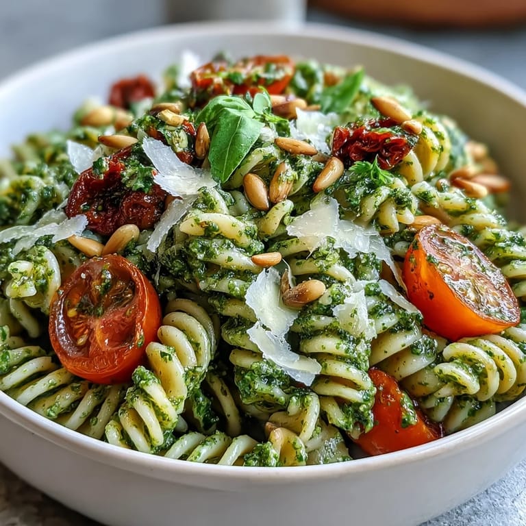 Vibrant pasta salad with homemade pesto, cherry tomatoes, and parmesan, served chilled for a refreshing summer meal or side dish.