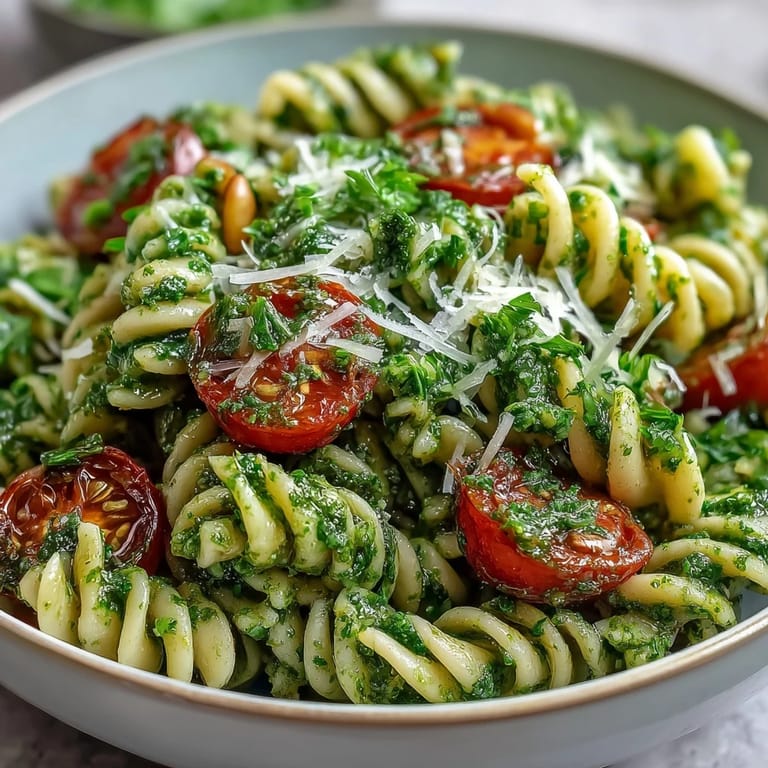 Colorful summer pasta salad featuring tender pasta, bright pesto, and halved cherry tomatoes, garnished with parmesan shavings and lemon zest.