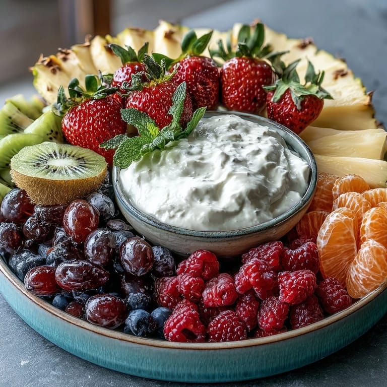 Rainbow Fruit Table with Coconut Whipped Cream: eye-catching rows of strawberries, kiwi, and blueberries paired with luscious dairy-free coconut whipped cream.