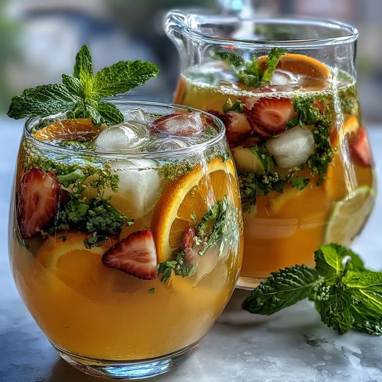 A chilled Spring Sangria Mocktail with white grape juice, lemon, lime, and strawberries, garnished with mint leaves.