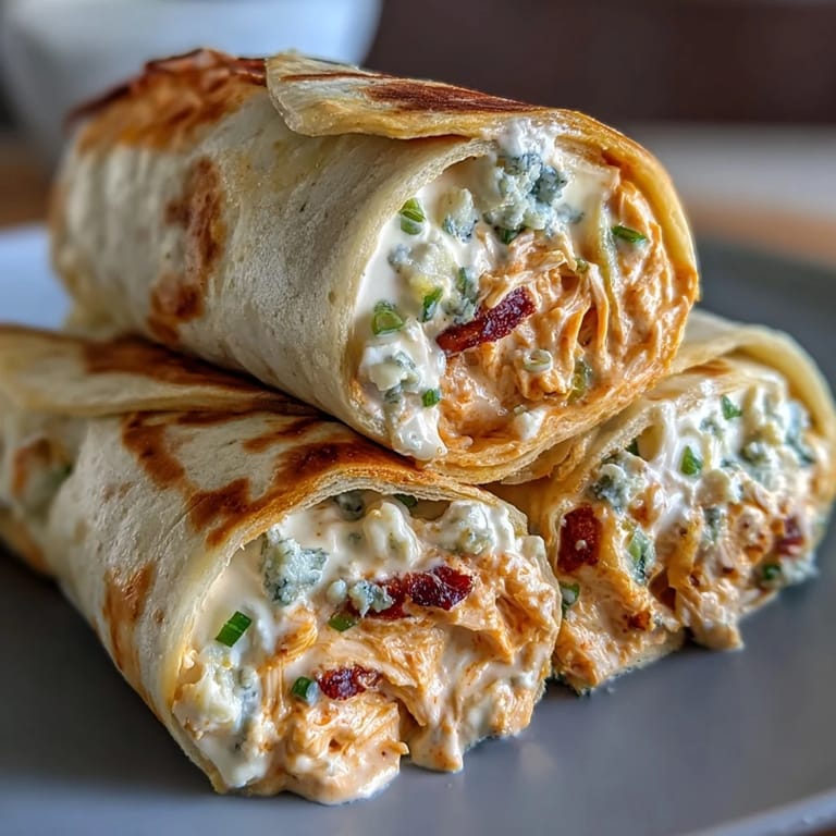 Creamy Buffalo chicken mixture with cheddar and blue cheese wrapped in flour tortillas, sliced into colorful appetizers.  