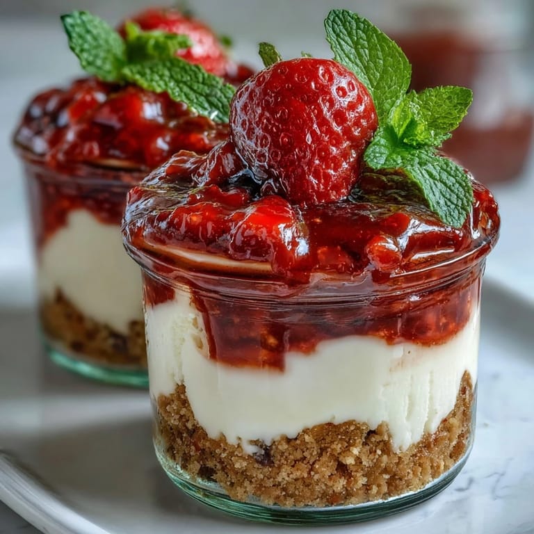 2. Individual jars filled with smooth cheesecake, crunchy biscuit crust, and vibrant strawberry topping—an easy, elegant dessert for any occasion.