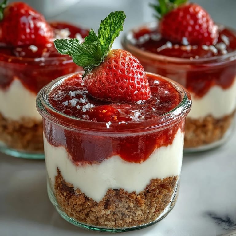 3. No-bake strawberry cheesecake jars layered with velvety cream cheese filling, sweet strawberry compote, and a crisp graham cracker base.
