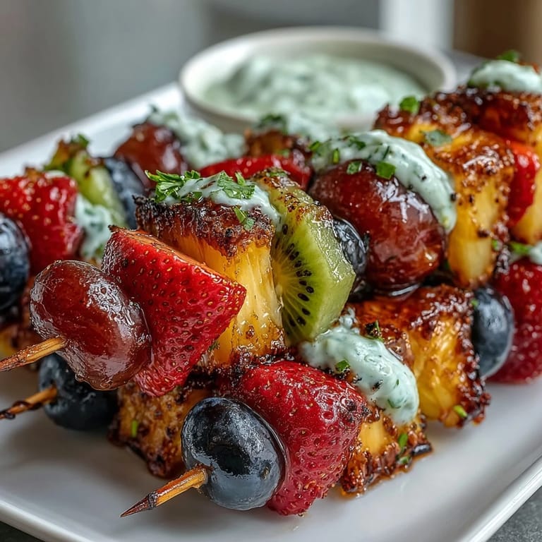 Fresh and vibrant rainbow fruit skewers arranged on a platter with a side of luscious honey-yogurt dip for dipping.  