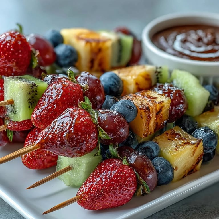 Eye-catching rainbow fruit skewers showcasing seasonal produce paired with a smooth honey-yogurt dip for a refreshing snack.