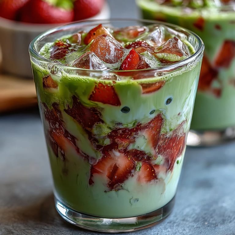 Creamy oat milk latte infused with fresh strawberry puree and earthy matcha, perfect for a refreshing vegan drink.