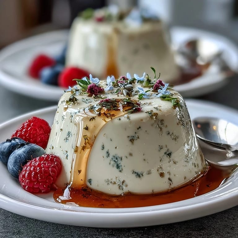 A creamy honey lavender panna cotta dessert, infused with fragrant buds and drizzled with golden honey for extra sweetness.