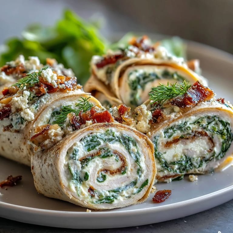 Bite-sized turkey and spinach pinwheels rolled in tortillas, featuring a cheesy cream cheese filling for a crowd-pleasing treat.