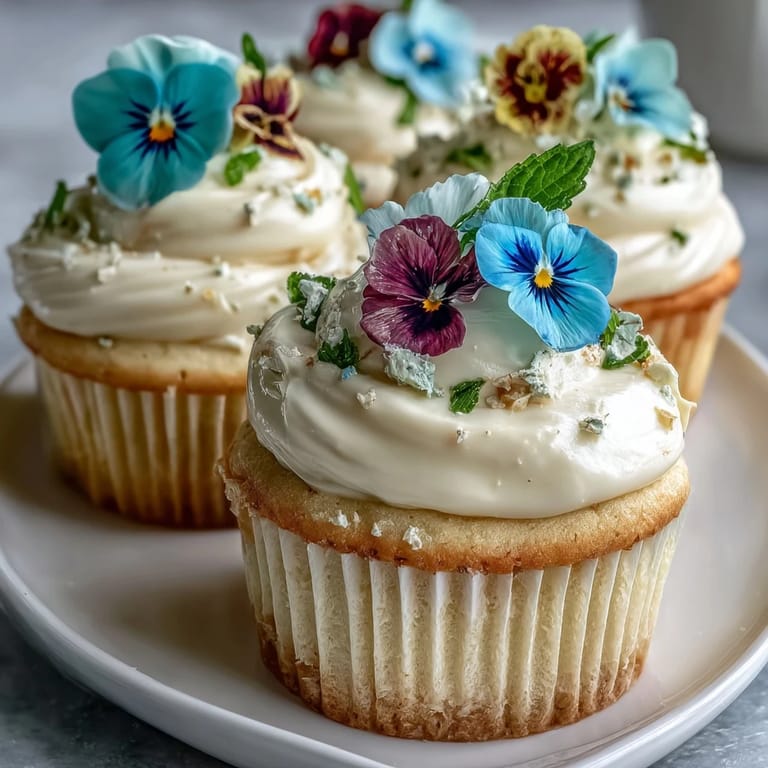 Beautiful spring cupcakes with vanilla base, creamy buttercream frosting, and colorful edible flowers arranged for an elegant dessert presentation.
