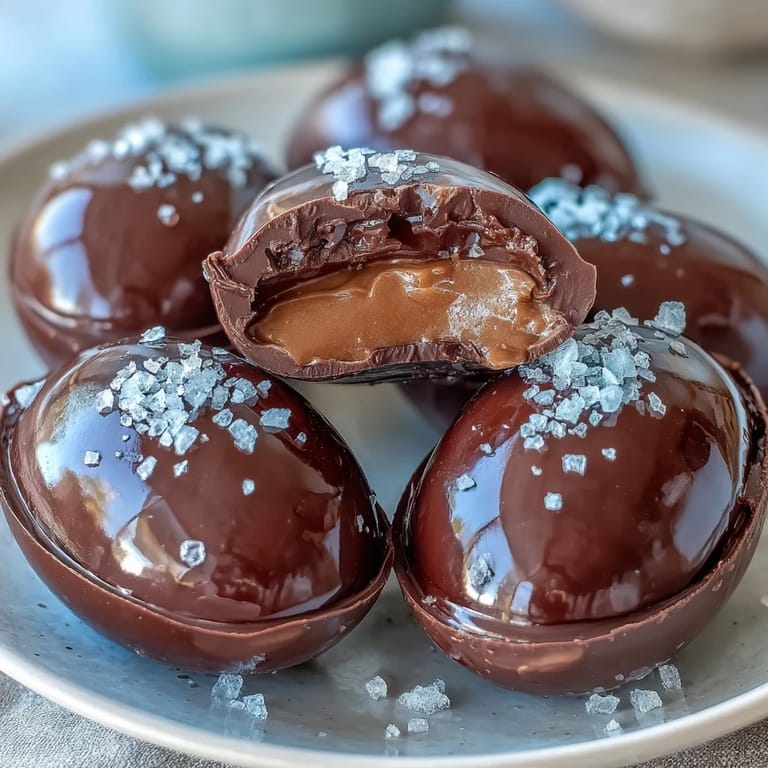 Handmade dark chocolate peanut butter Easter eggs topped with sea salt flakes, ideal for Easter baskets or dessert platters.