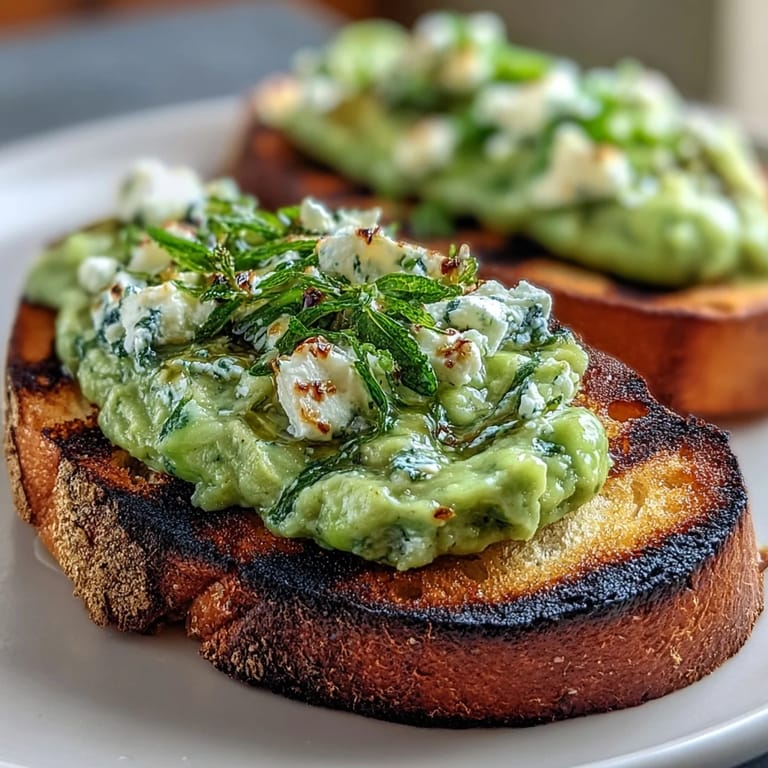 Smoky grilled sourdough showcasing creamy fava bean mint topping, perfect for spring.