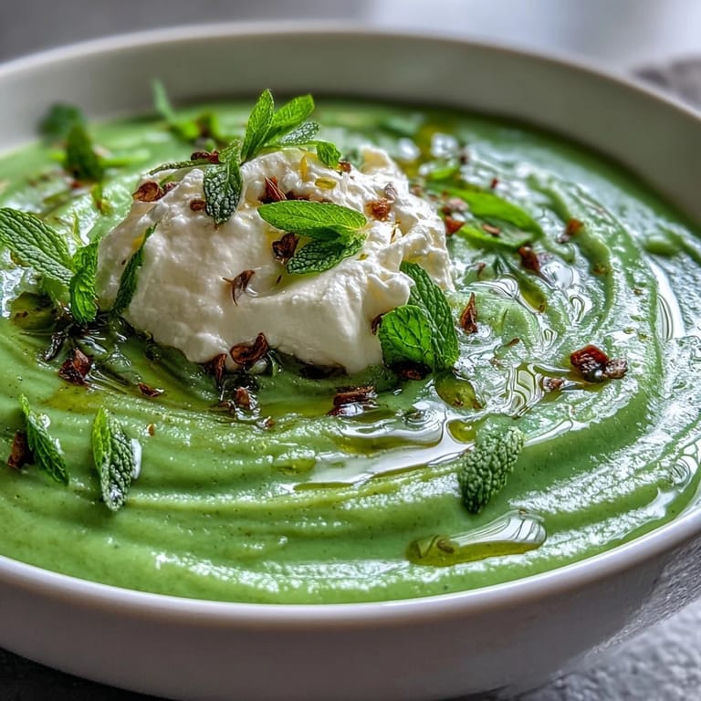 Creamy Spring Pea Soup with dollops of fluffy ricotta and mint oil drizzle.