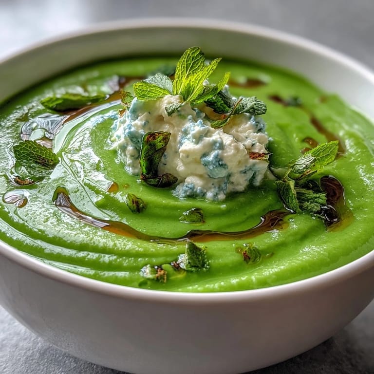 Delicious Spring Pea Soup, visually appealing with ricotta clouds and fresh mint.