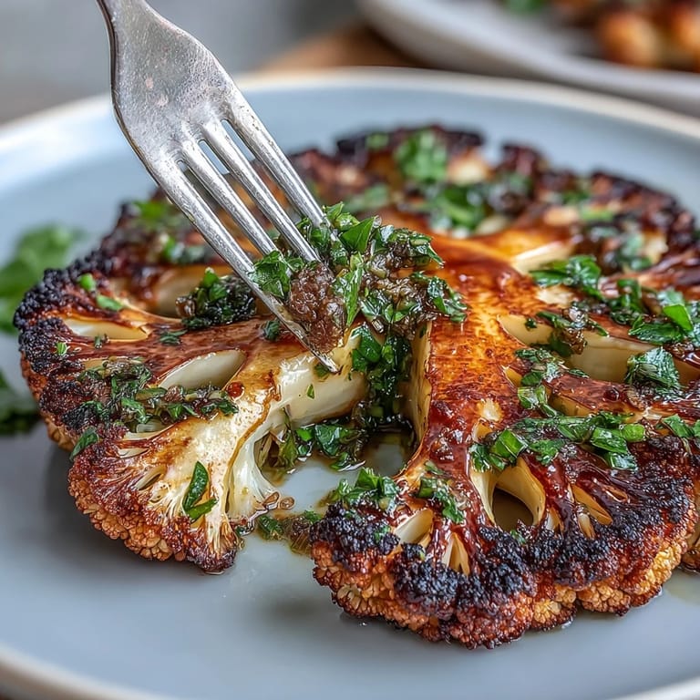 Mouthwatering BBQ Cauliflower Steaks, grilled perfection drizzled with zesty chimichurri.