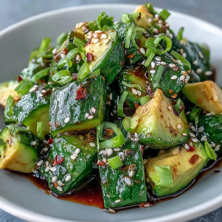 Creamy avocado and cucumber salad, bright with sesame oil, perfect for lunch.