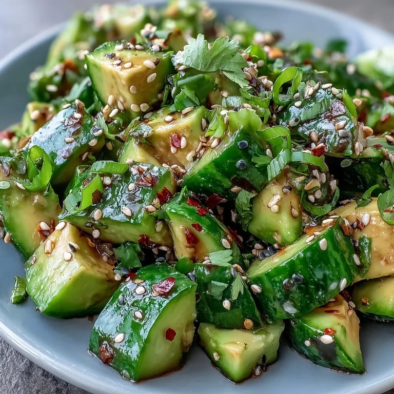 Delicious smashed cucumber avocado salad, a textured, savory dish with a nutty crunch.