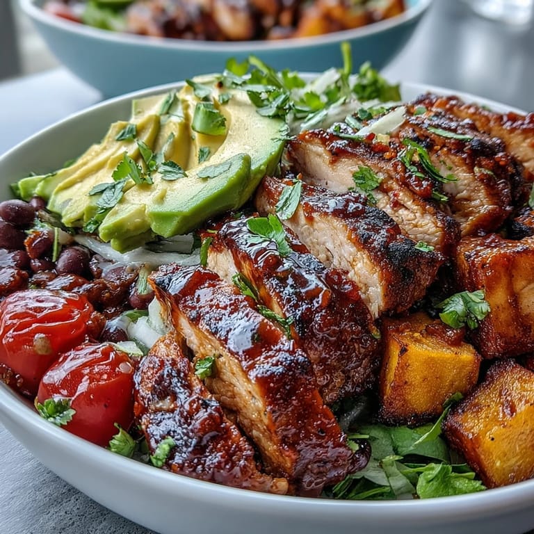Juicy BBQ chicken meal prep bowls with tender sweet potatoes and vibrant veggies.