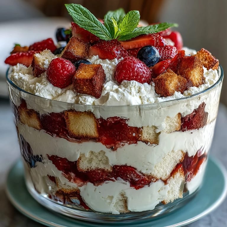 Vibrant Red White Blue Berry Trifle visually showcasing sweet berries and airy angel food cake.