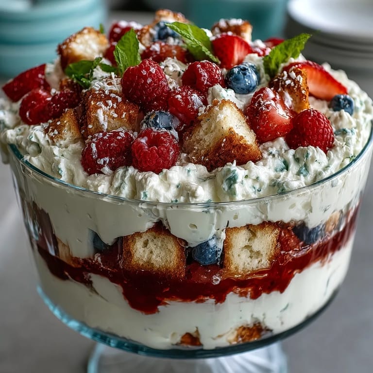 Summertime Red White Blue Berry Trifle, a festive dessert artfully arranged with fruit and cream.