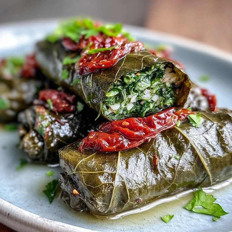 Fragrant Kurdish Dolma filling showcased in perfectly rolled, vibrant green grape leaves.