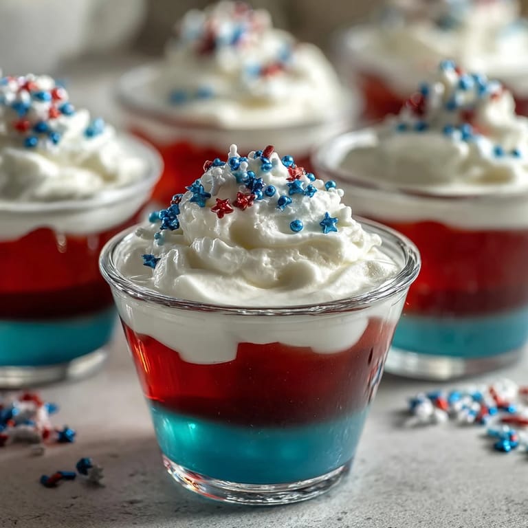 Red, white, and blue Firecracker Jello Shots ready for summer parties.