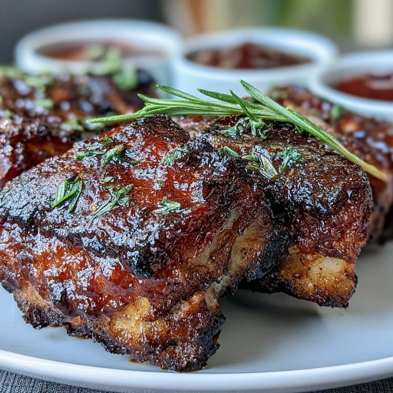 Juicy, slow-cooked ribs piled high on a board with vibrant dipping sauces.