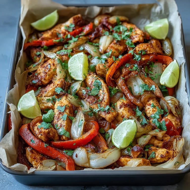 Golden roasted Sheet Pan Chicken Fajitas loaded with tender vegetables and spices.