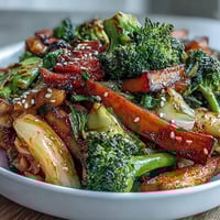 Bright, colorful stir-fry bowl of Comforting Fermented Veggie Winter Stir-Fry, featuring crisp broccoli, carrots, and kimchi, garnished with green onions and sesame seeds.