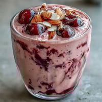 A frosty glass of Cherry Almond Smoothie with a garnish of sliced almonds and fresh cherries, perfect for a summer breakfast.