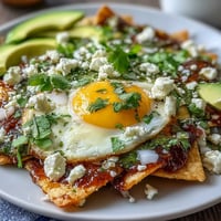 Golden crispy tortilla chips coated in zesty salsa verde, topped with a runny fried egg, queso fresco, and fresh cilantro for a vibrant Mexican breakfast.