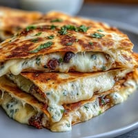 Golden, cheesy Blooming Quesadilla Ring baked on a sheet pan, served with bowls of salsa and sour cream for dipping.