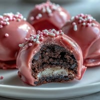 Three smooth Oreo truffle balls coated in vibrant pink candy with a white pearl garnish rest on parchment paper.  