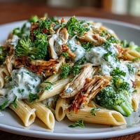 Bright broccoli florets and tender shredded rotisserie chicken tossed in a creamy Greek yogurt sauce with whole-wheat penne.