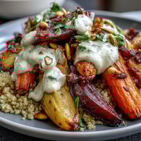 Roasted Root Vegetable Bowl served in a shallow bowl, featuring golden caramelized carrots, beets, and parsnips atop fluffy quinoa.  