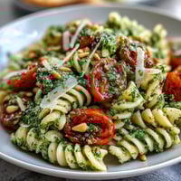 Summer pasta salad with pesto and cherry tomatoes, bursting with fresh basil, juicy tomatoes, and al dente pasta, perfect for picnics or light lunches.