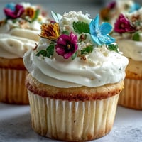 Spring cupcakes decorated with edible flowers, featuring vanilla cupcakes topped with buttercream frosting and delicate floral accents.
