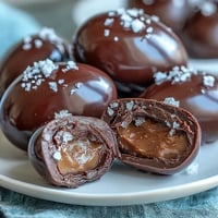 Dark chocolate peanut butter Easter eggs glisten with flaky sea salt, a perfect homemade treat for spring celebrations.