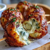 Golden Derby Party Olive Cheese Balls on skewers, gooey and savory appetizer perfection.