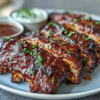 Smoky Father's Day BBQ Rib Board with three sauces, glistening and ready to serve.