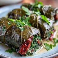 Tender Kurdish Dolma, stuffed grape leaves glistening with herbed rice, served warm.